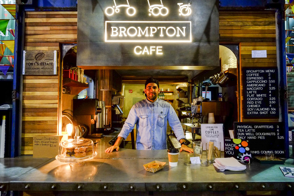David Bader, on staff at the Brompton Bike Café inside Rough Trade NYC.