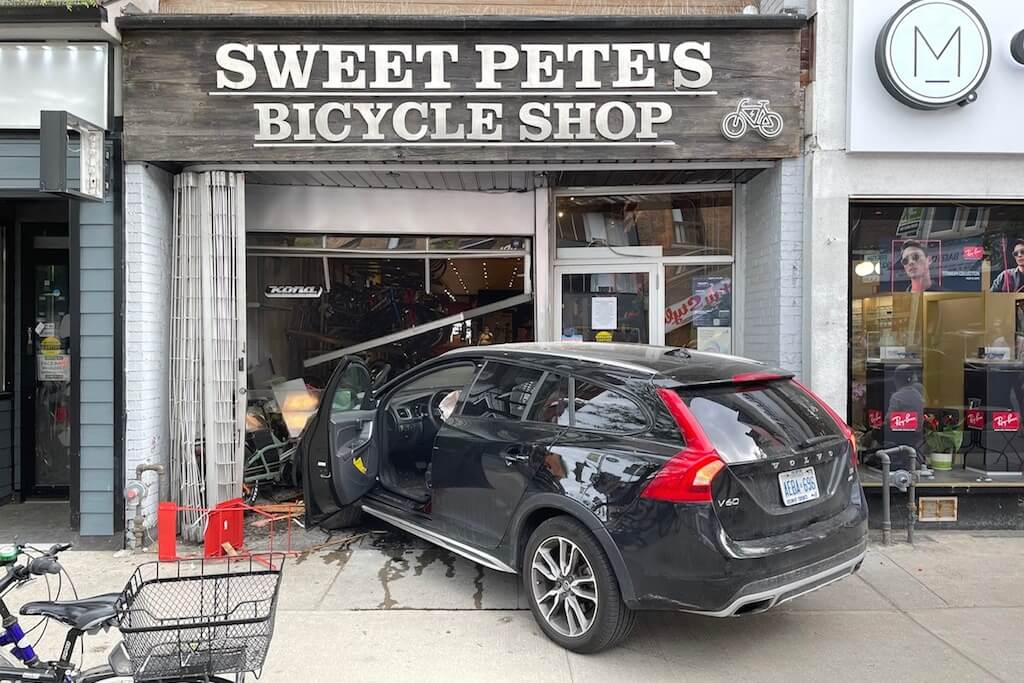 Someone just drove their car directly into a bike shop in Toronto