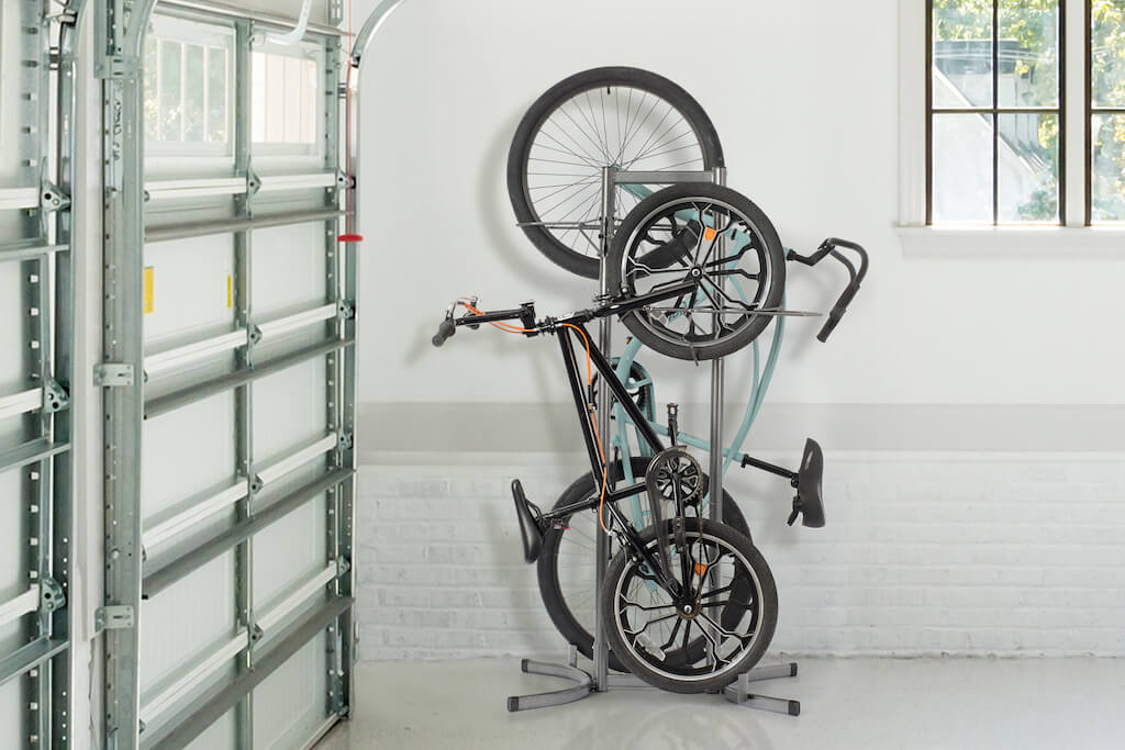 A sleek new space-saving vertical bike storage unit for two